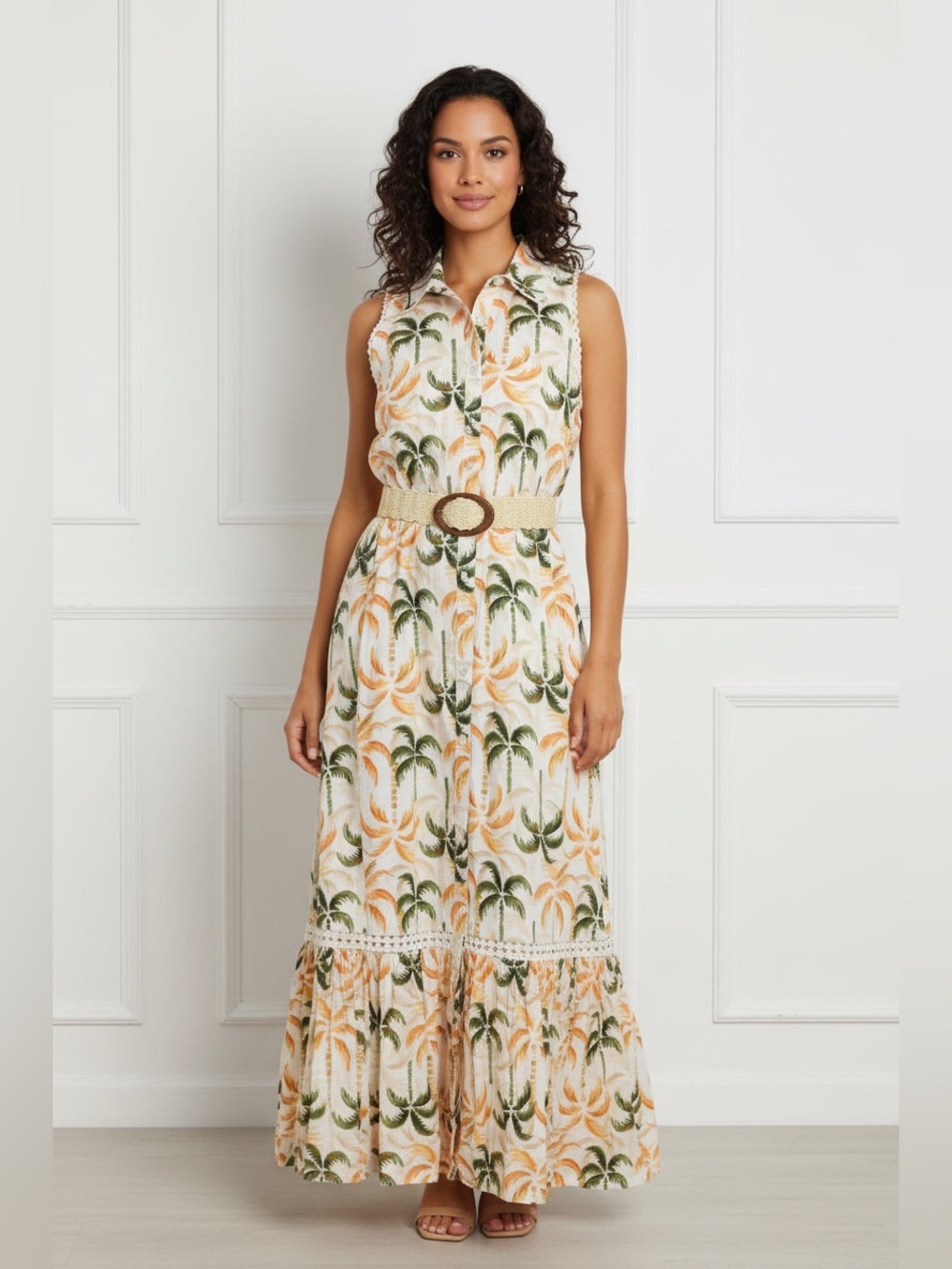 Taylor Sleeveless Palm-Print Maxi Dress in White, Green & Tan